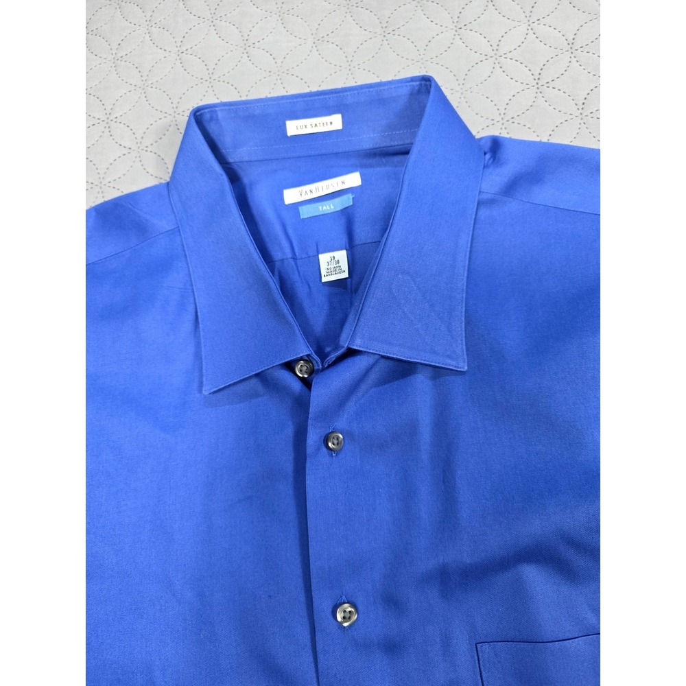 Van Heusen Lux Sateen Dress Shirt Mens 19 37/38 Tall Royal Blue NoIron Button Up - Picture 3 of 6